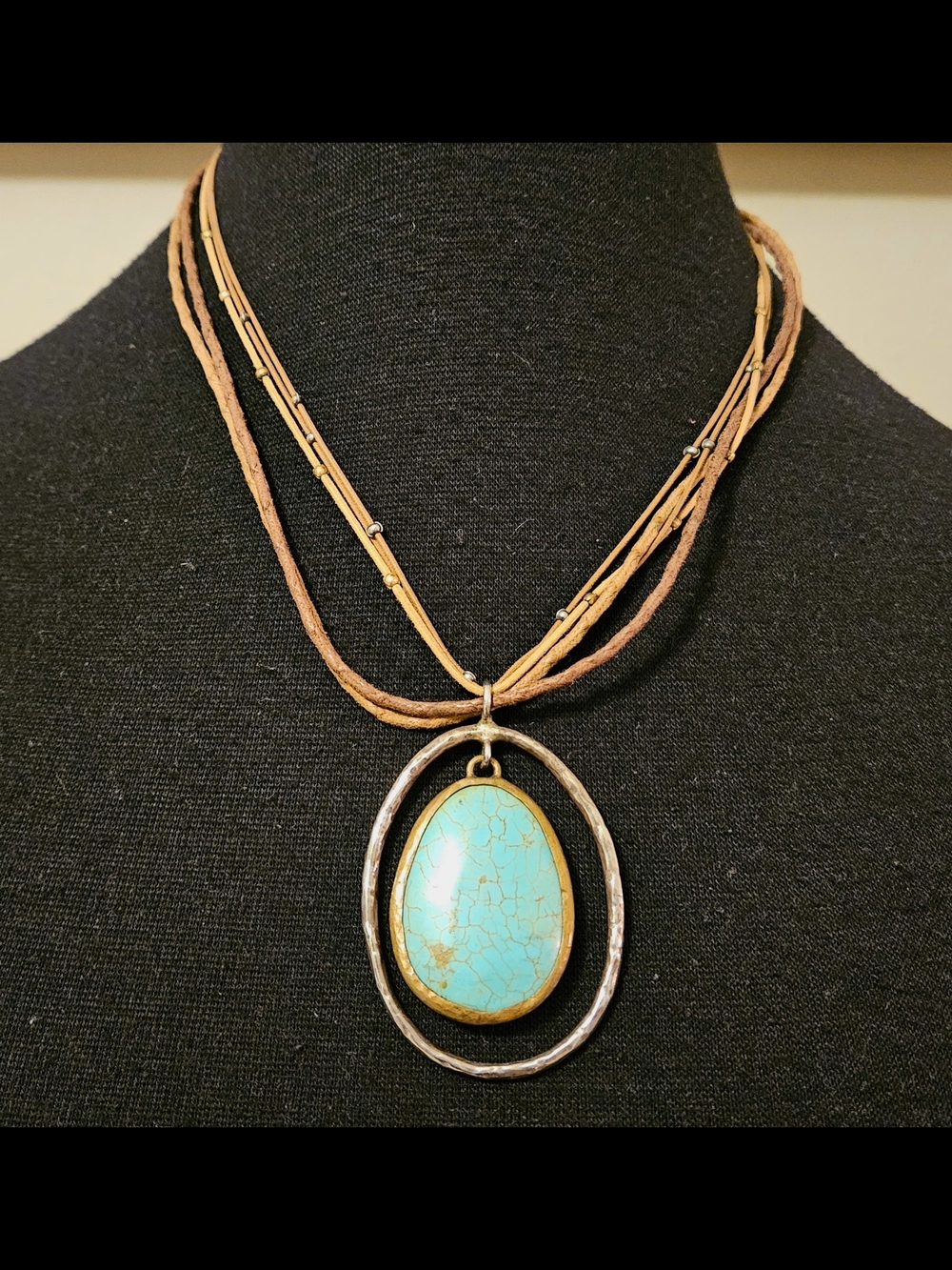 Turquoise Teardrop Pendant Necklace - Brown Multi-Strand Cord Silpada Boho